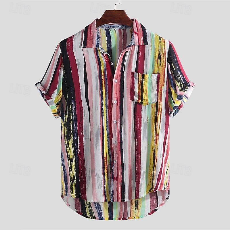 Men's Shirt Summer Shirt Casual Shirt Beach Shirt Button Up Shirt Wine Blue Short Sleeve Color Block Striped Turndown Vacation Holiday Clothing Apparel Polyester Fashion Casual Comfortable2