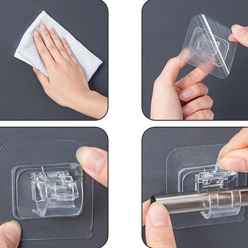 2pcs/set Bright No Drill Curtain Rod Brackets,Self Curtain Rod Holder Hooks Nail-free Adjustable Clamp Hooks Wall Curtain Fixed Clip Hanging Rack Hook Wall Brackets 1-2cm Diameter Curtain Rod Pole4