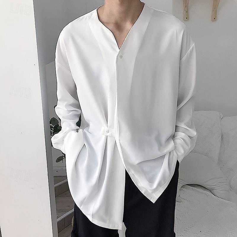 Men's Shirt Summer Shirt Casual Shirt Beach Shirt Black White Long Sleeve Plain V Neck Hawaiian Holiday Clothing Apparel Fashion Casual Comfortable