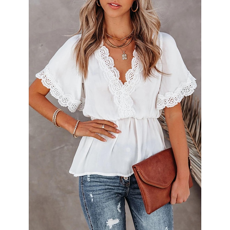 Shirt Lace Shirt Blouse White Lace Shirt Women's Black White Plain Lace Flowing tunic Street Daily Fashion V Neck Regular Fit S