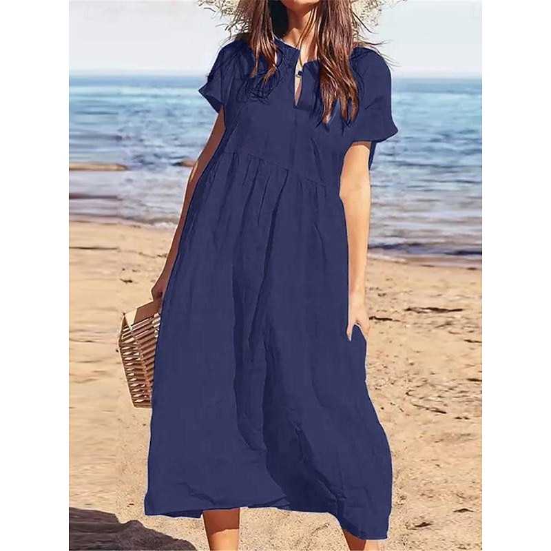 Women's Black Wine Navy Blue Summer Spring Maxi Dress Cotton Linen Dresses  Casual Dress Cotton Summer Dress Basic Modern Daily Weekend Loose Fit Plain  Crew Neck - Product Details