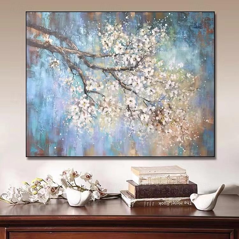 Hand painted Abstract Cherry Flower Oil Painting on Canvas Large Wall Art Original Blossom Floral Art White Painting Flower Painting Living Room Decor Stretched Canvas Ready to Hang