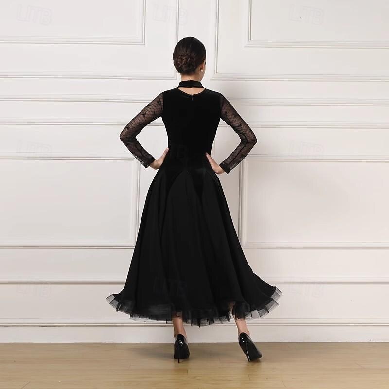 Ballroom Dance Dress Lace Pure Color Splicing Women's Performance Party Long Sleeve Charmeuse Pleuche2