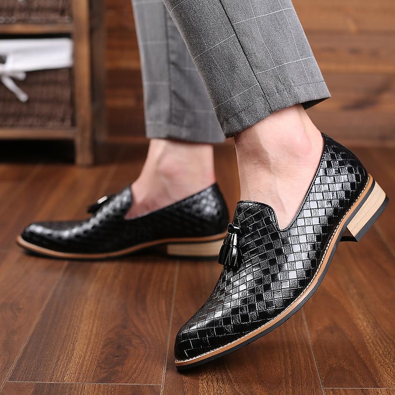 Men's Black Woven Faux Leather Loafers with Tassel Detail and Wooden Sole - Stylish Slip-On Shoes for Formal and Casual Occasions4