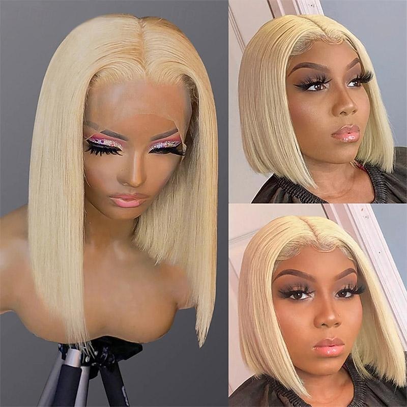 Remy Human Hair 613 Blonde Bob Wigs Straight Hair T Part Bob Lace Wigs 150% Density with Baby Hair2