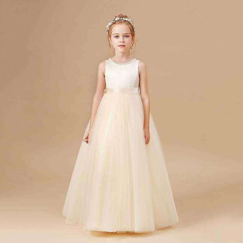 Kids Girls' Flower Girl Dress Party Dress Solid Color Sleeveless Performance Wedding Party Mesh Princess Sweet Mesh Mid-Calf Sheath Dress Tulle Dress Summer Spring Fall 2-12 Years Champagne2