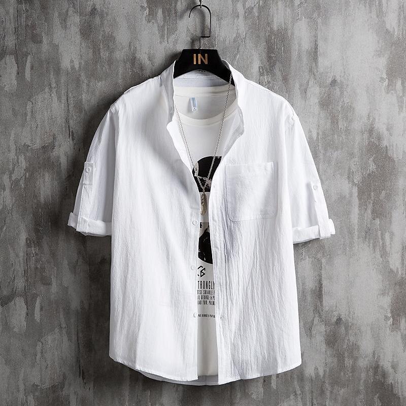 Men's Shirt Chinese Collar Shirt Mandarin Collar Shirt Summer Shirt Casual Shirt Beach Shirt Black White Green 3/4-Length Sleeve Plain Grandad Collar Turndown Vacation Holiday Clothing Apparel