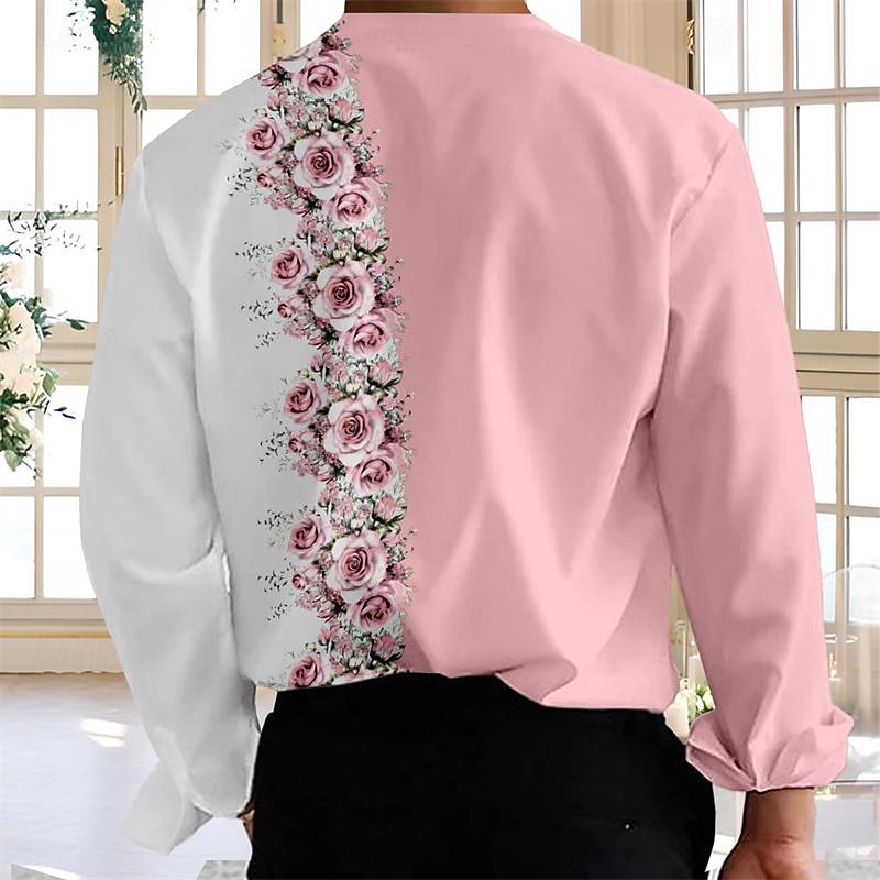 Men's Rose Button Up Shirt Printed Shirts Long Sleeve Fashion Casual Wedding Outdoor Streetwear Spring & Summer V Neck Print Yellow Pink2