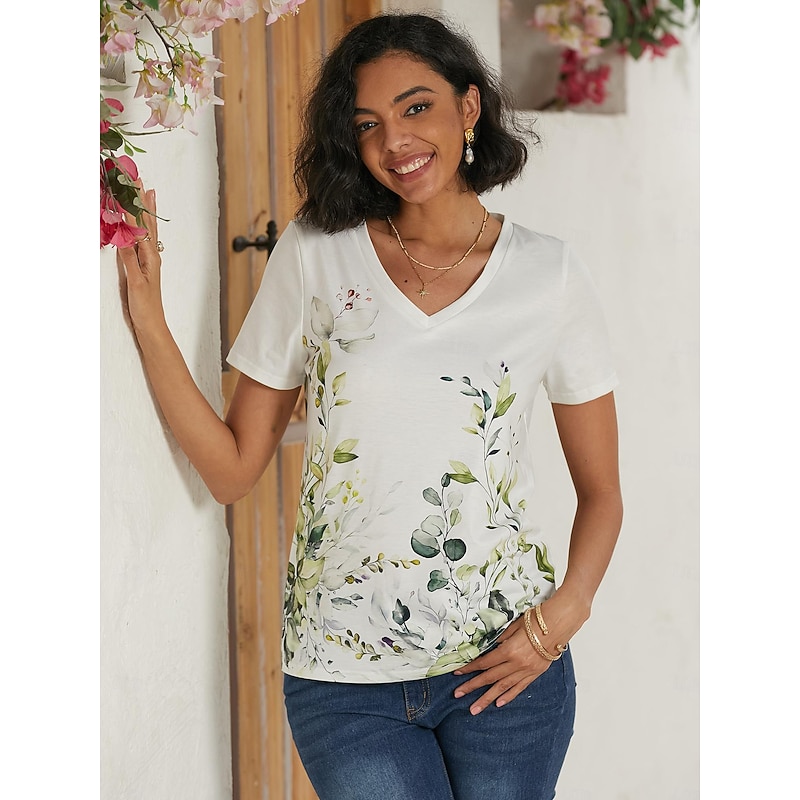 Women's T Shirt Basic Floral Print Short Sleeve Regular Tops V Neck Casual Holiday Weekend Blue Purple Green4