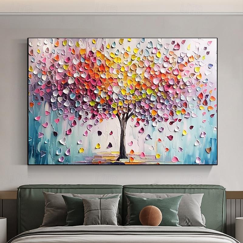Hand Painted Colorful Tree Of Life Canvas Oil Painting Abstract Landscape Picture Artwork Knife Paintings For Living Room Bedroom Wall Decor Unframed