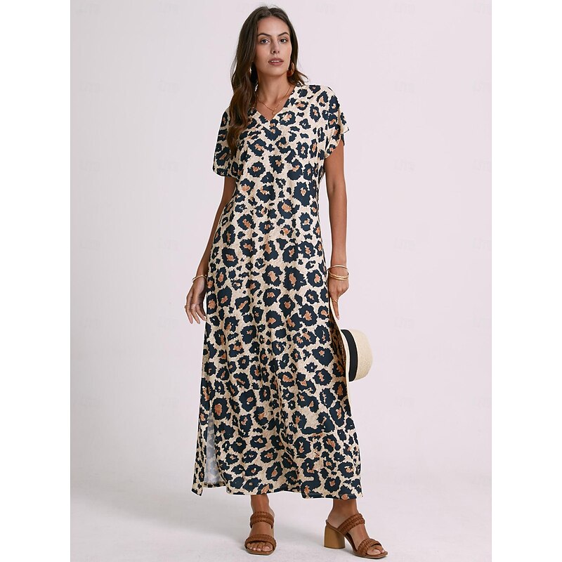 Women's Maxi Dress Sundress Shift Dress Summer Dress Streetwear Sexy Drop Shoulder Vacation Party Holiday Regular Fit Leopard Short Sleeve V Neck Pink Blue Khaki Summer Spring2