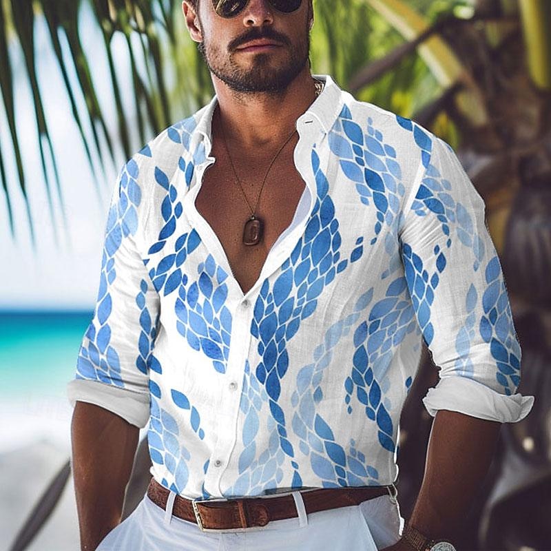 Men's Spray Seascape Pattern Summer Hawaiian Shirt Aloha Shirt Printed Shirts Long Sleeve Shirt Turndown Hawaiian Resort Vacation Going out Beach Royal Blue Dark Blue Light Blue S M L