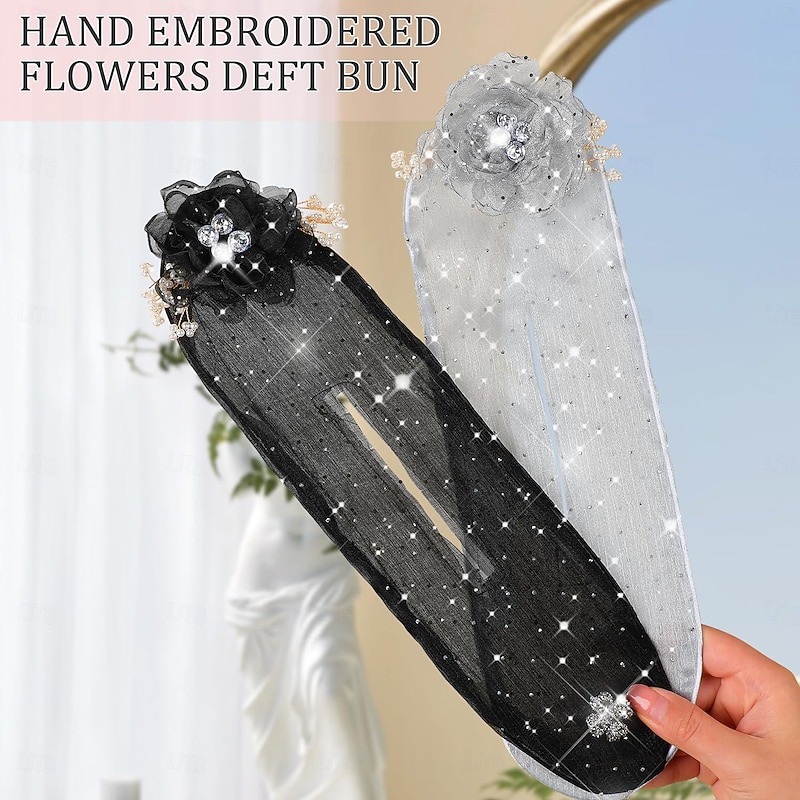 Hand Embroidered Flowers Deft Bun,French Hair Bun Maker Deft Bun for Hair Twister,Sparkly Ball Hair Clip,Flower Hair Bun Roller for Long Thick Hair Accessories for Women Girls (2PCS)3