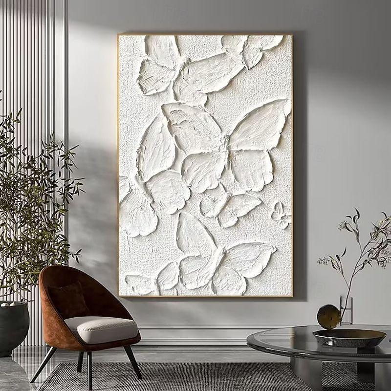 Handmade Oil Painting Canvas Wall Art Decoration Modern Texture Abstract White Butterfly for Home Decor Rolled Frameless Unstretched Painting