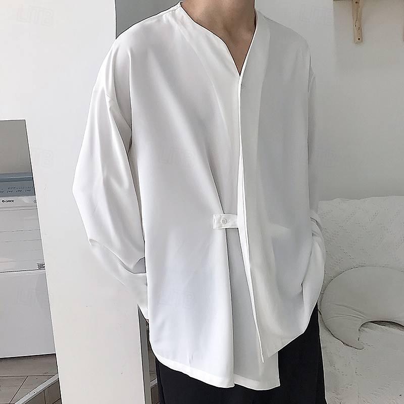 Men's Shirt Summer Shirt Casual Shirt Beach Shirt Black White Long Sleeve Plain V Neck Hawaiian Holiday Clothing Apparel Fashion Casual Comfortable2