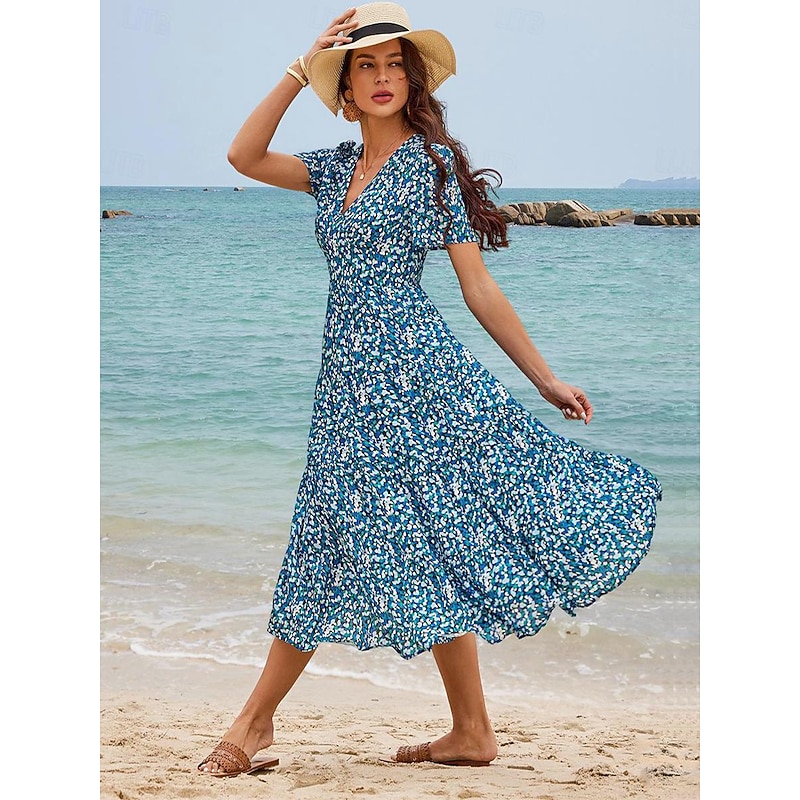 Women's Mid-Length Dress Short Sleeve V-neck Floral Print Bohemian Style Comfortable Beach Vacation Wear Blue White Summer Spring Clothing Apparel
