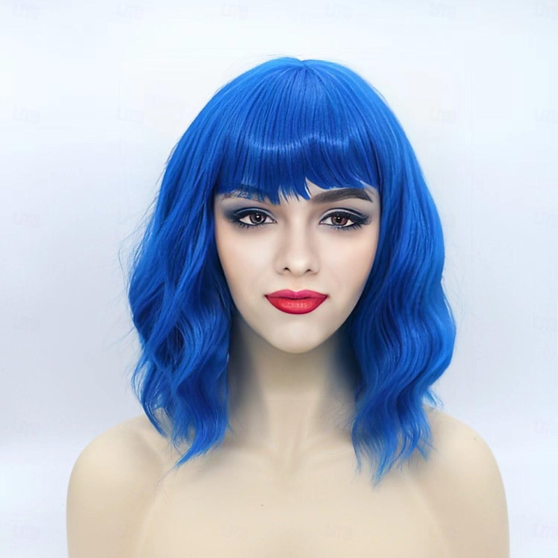 Blue Wigs for Women Short Curly Bangs Colored Wavy Bob Synthetic Heat Resistant Medium Shoulder Length Daily Party Halloween Wigs3