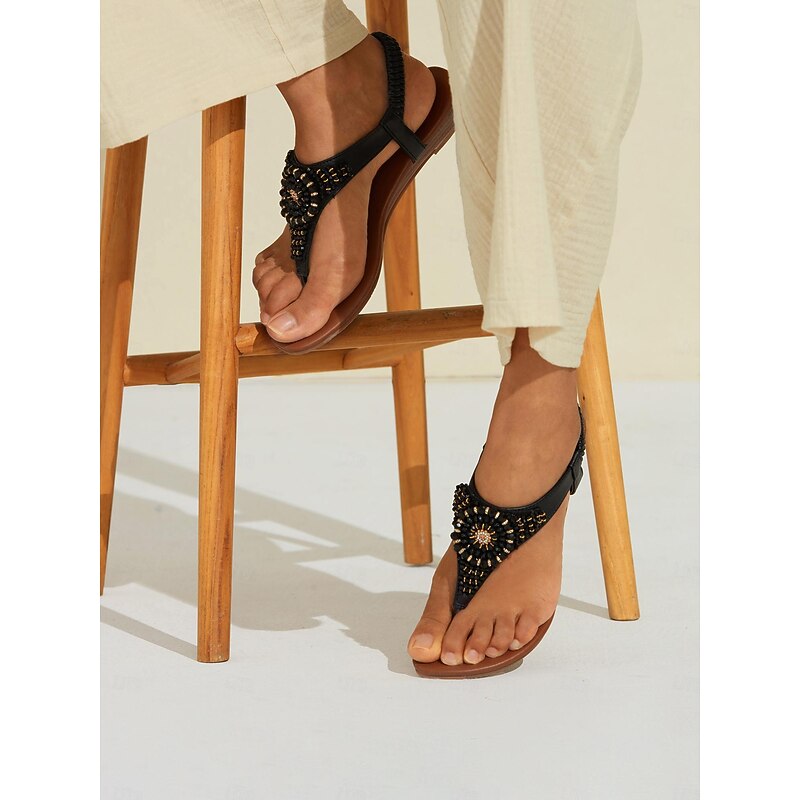 Women's Boho Beach Black T-Strap Flat Sandals with Elegant Beaded Embellishments | Sophisticated Evening Summer Footwear