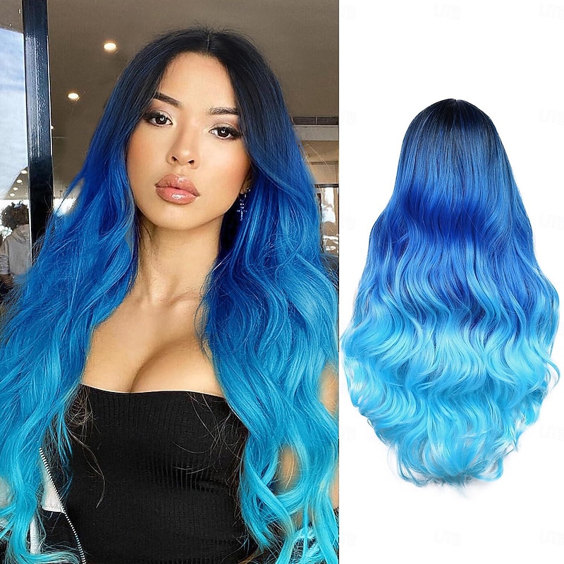 Long Blue Wavy Wigs for Women Ombre Blue Body Wave Mermaid Hair Wigs Long Curly Synthetic Hair for Daily or Cosplay Halloween Wigs