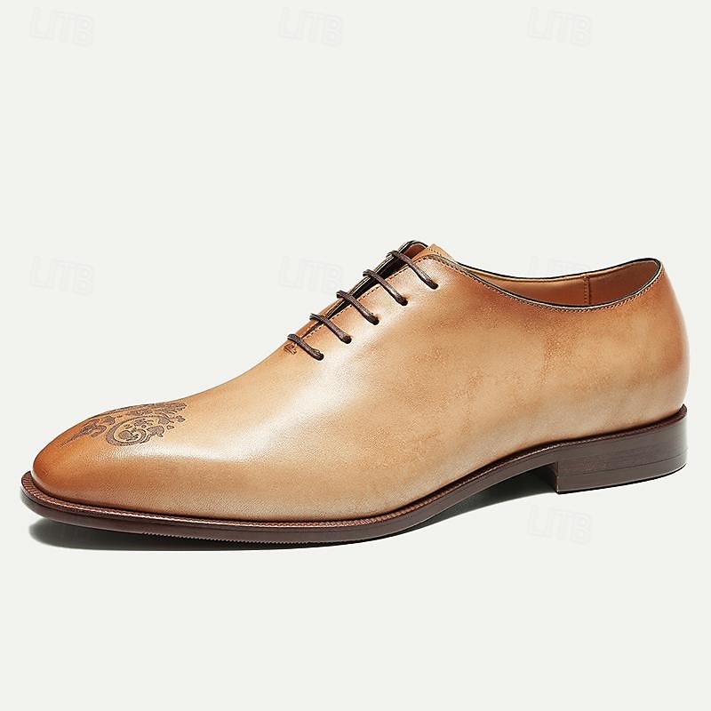 Men's Premium Cowhide Oxford Shoes - Vintage Brogue Lace-Up Dress Shoes with Intricate Engraved Detailing for Formal Occasions3
