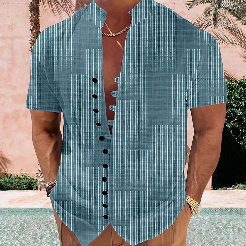 Men's Plaid Geometric Pattern Button Up Shirt Printed Shirts Short Sleeve Hawaiian Resort Vacation Holiday Daily Wear Summer Standing Collar Print Button-Down Light Blue White off-white Khaki