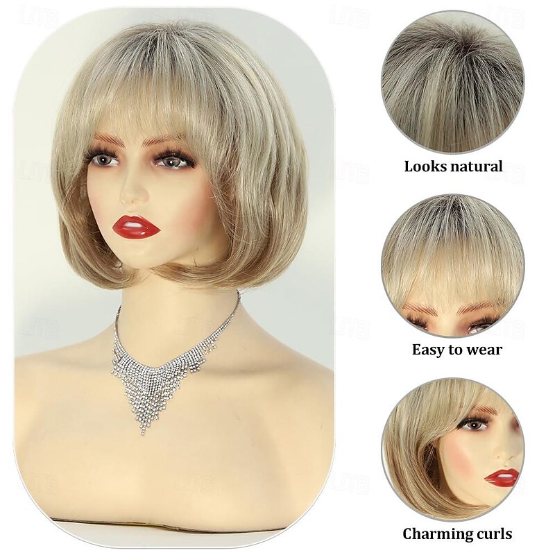 Short Blonde Bob Wigs for White Women Mixed Blonde Short Bob Wig with Bangs Synthetic Layered Natural Looking Blonde Wigs With Dark Roots for Women Old Lady Wig for Daily Party Use3