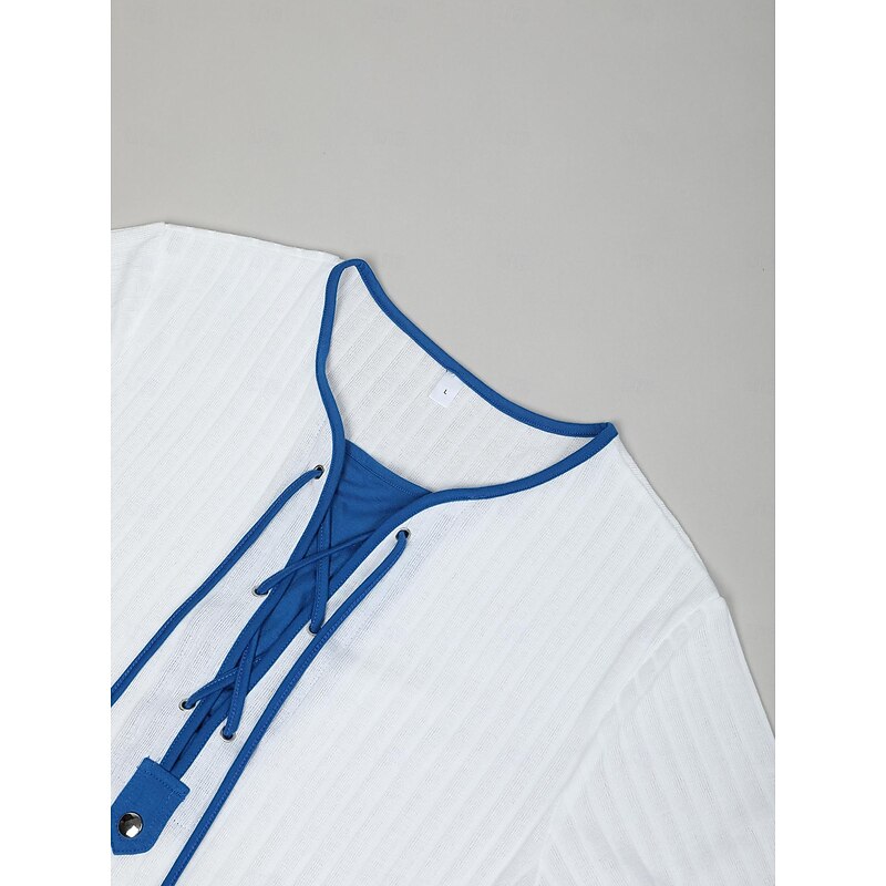 Men's T Shirt Muscle Shirt Ribbed Knit tee Tee Top Long Sleeve Collar Spring &  Fall Color Block Fashion Designer Basic Drawstring Patchwork Vacation Street Going out Black White Blue Top Tee for Men2