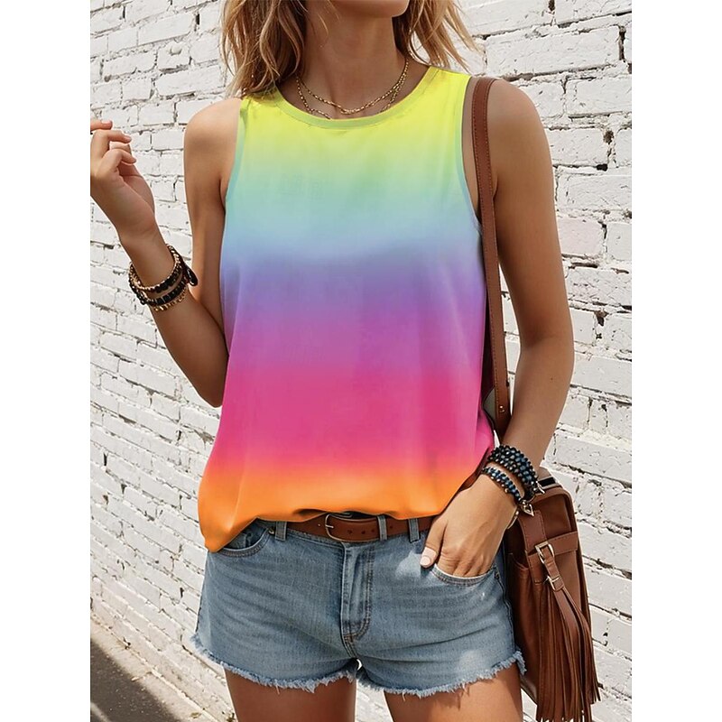 Women's Camisole Tank Top Vest Stylish Ombre Print Sleeveless Regular Tops Crew Neck Vacation Casual Pink Sky Blue Khaki Rainbow Summer2