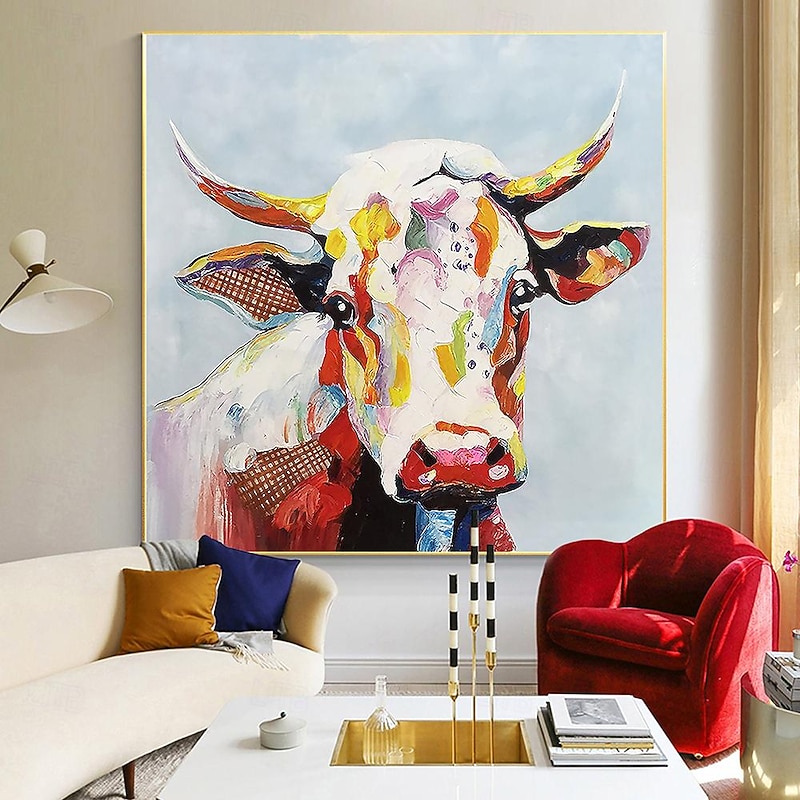 Abstract Cow Oil Painting hand painted Colorful Animal texture painting  Unique Artwork Vibrant Animal Canvas painting for Wall Art Farmhouse Decor Living Room living room home decor4