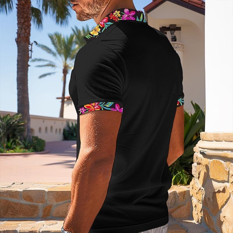 Men's Polo Shirt Golf Shirt Work Casual Lapel Ribbed Polo Collar Short Sleeve Basic Modern Floral Color Block Patchwork Button Spring & Summer Regular Fit Black White Orange Green Polo Shirt2
