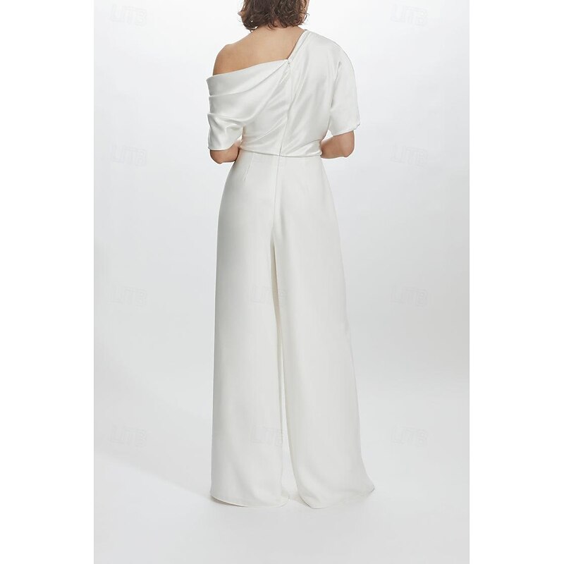 Jumpsuits Wedding Guest es Elegant  Formal Wedding Reception Floor Length Short Sleeve One Shoulder Stretch Crepe with Ruched4