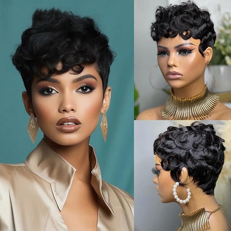 Curly Short Pixie Cut Remy Human Hair Wig Ready To Wear Black Color Water Wave Bob Full Machine Made Wigs With Bangs