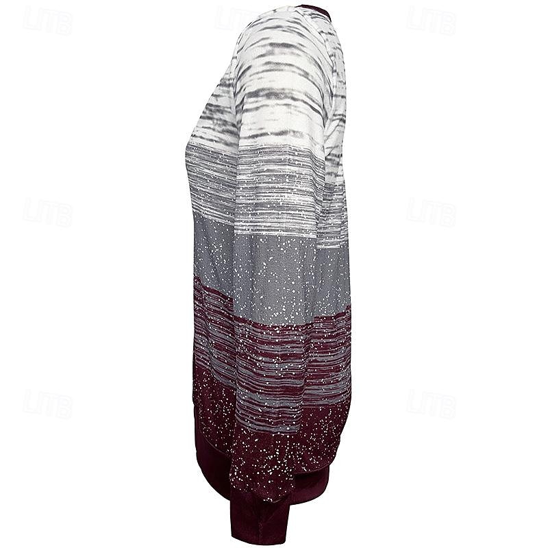 Women's T Shirt Color Block Print Long Sleeve Square Neck Regular Tops Casual Daily Buttons Print Wine Spring &  Fall3