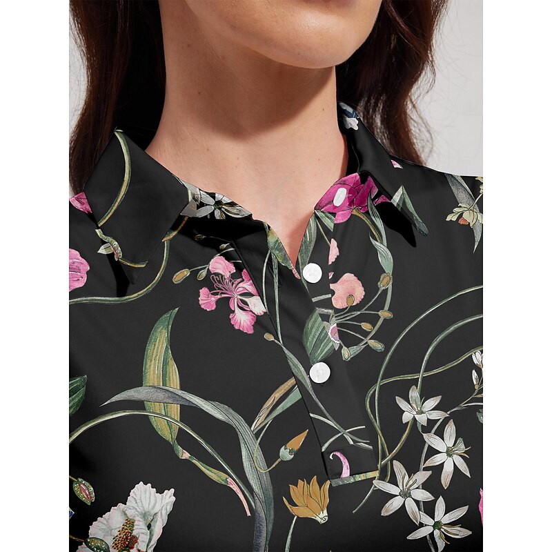 Women's Golf Polo Shirt Black Short Sleeve Top Floral Ladies Golf Attire Clothes Outfits Wear Apparel3