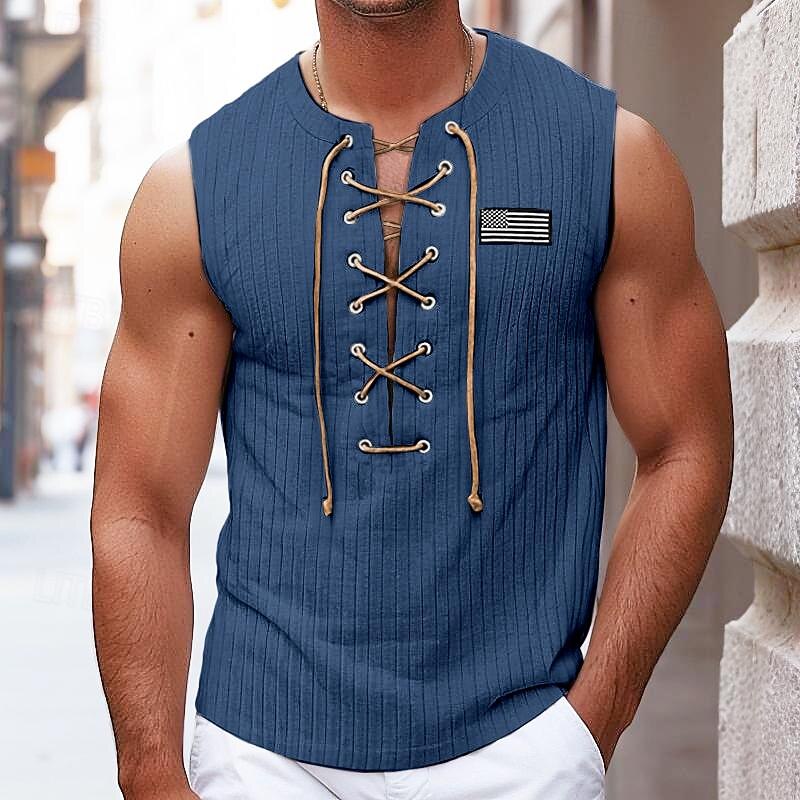 Men's Tank Top Vest Top Undershirt Sleeveless Shirt Sleeveless V Neck Summer Plain American Flag Pit Strip Fashion Designer Muscle Lace up Outdoor Going out Gym Black White Blue Top Tee for Men4