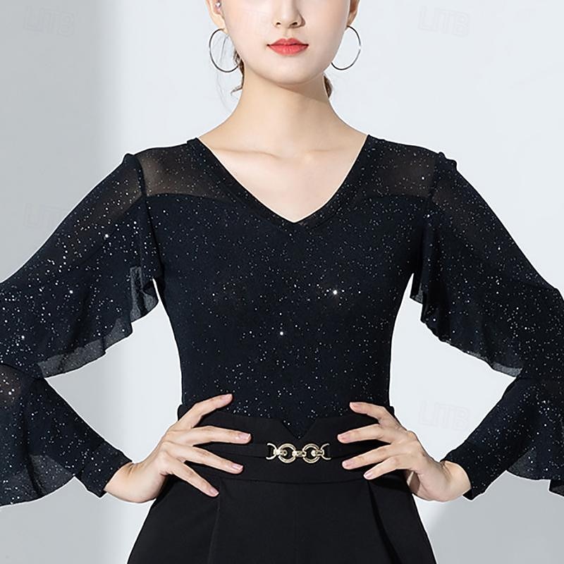 Ballroom Dance Activewear Leotard / Onesie Ruffles Pure Color Splicing Women's Performance Training Long Sleeve High Nylon4