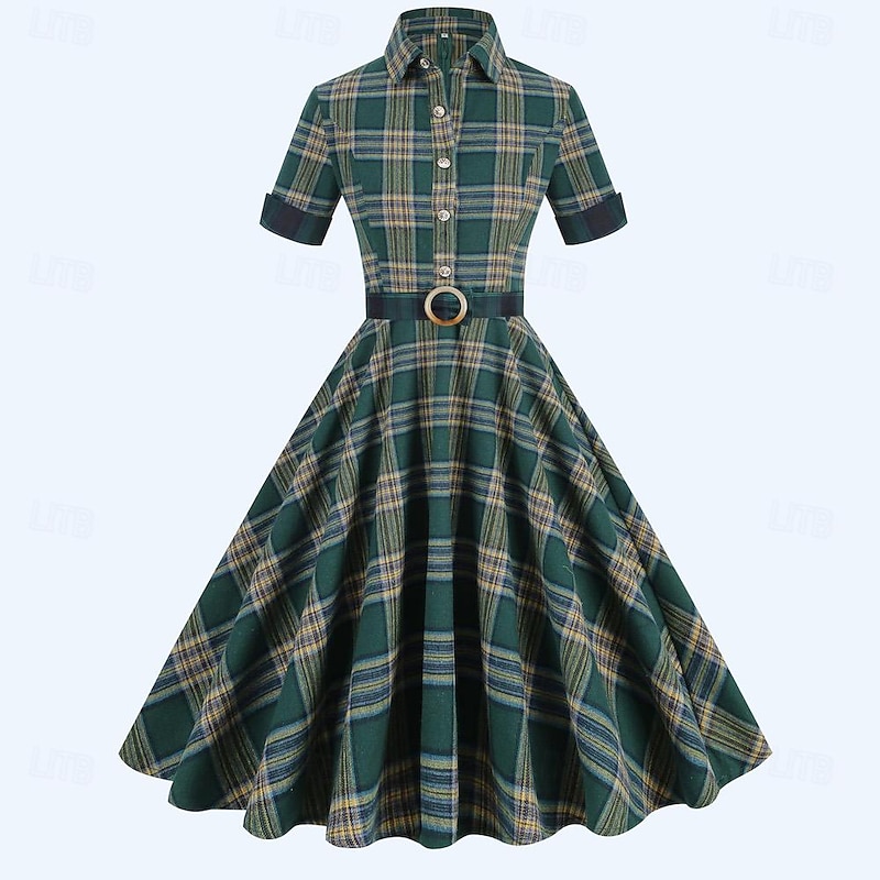 Retro Vintage 1950s Rockabilly Midi Dress Swing Dress Flare Dress Plaid Checkered Fancy Dress Women's Masquerade Masquerade Date Bachelorette Party Adults' Dress Homecoming Dresses Spring & Summer2