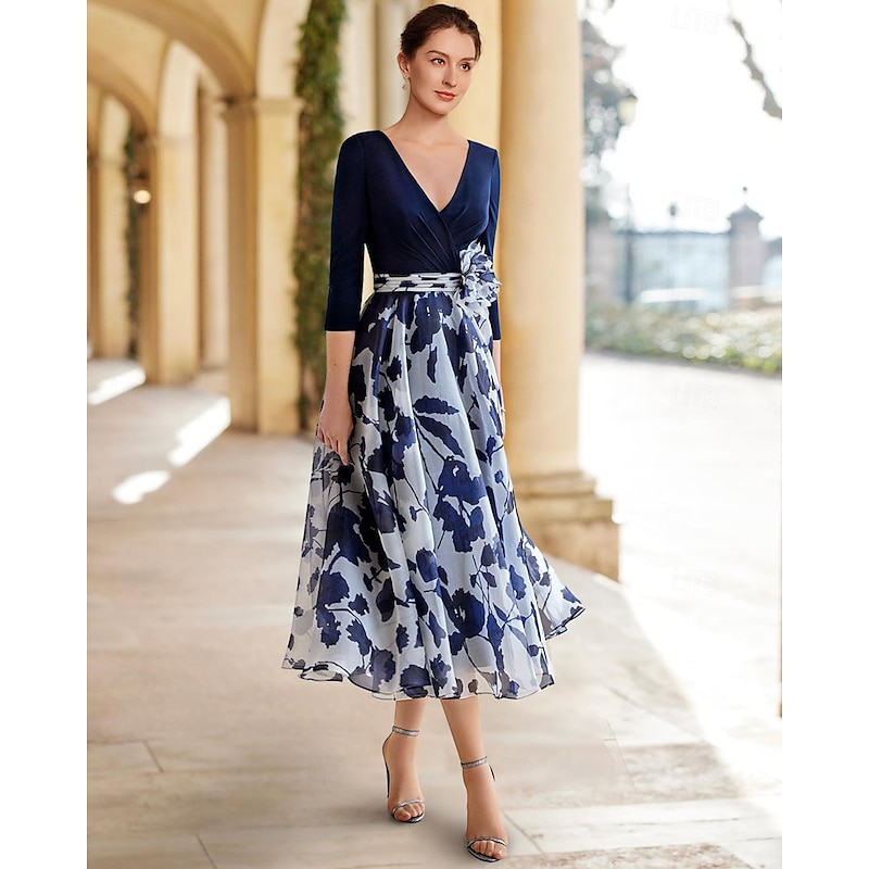 Beach Wedding A-Line Mother of the Bride Dress Formal Wedding Guest Elegant Scoop Neck V Neck Ankle Length Chiffon Sequined Stretch Fabric 3/4 Length Sleeve with Flower Wedding Guest Dress