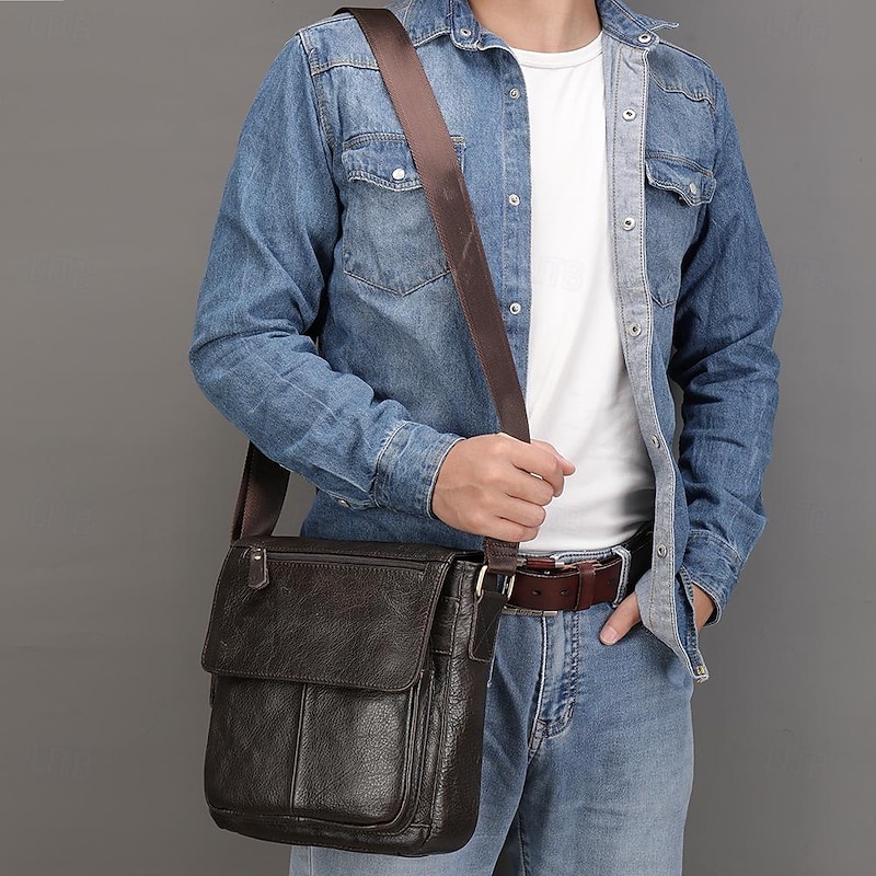 Men's Crossbody Bag Shoulder Bag Messenger Bag Cowhide Outdoor Travel Zipper Adjustable Large Capacity Durable Solid Color Dark Brown Black4