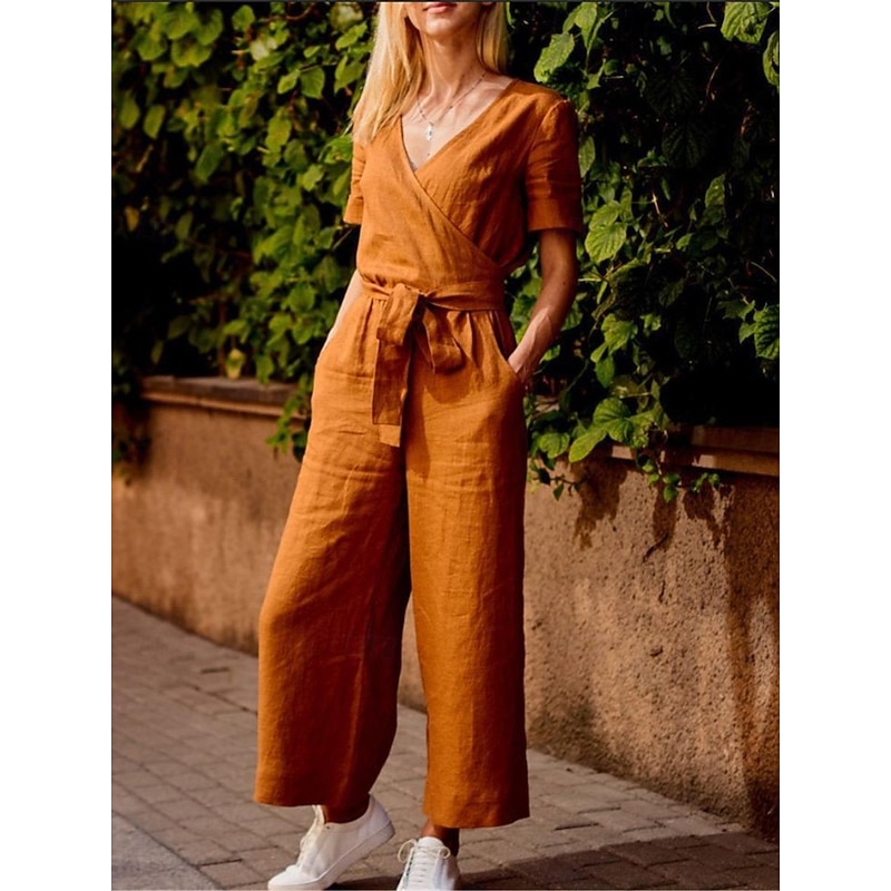 Women's Normal Jumpsuit Streetwear Solid Color Short Sleeve V Neck Lace up Pocket Street Daily Regular Fit Black Fuchsia Khaki Summer2
