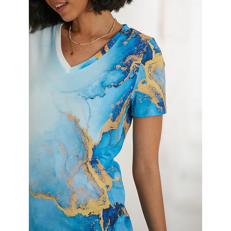Women's T Shirt Basic Neon & Bright Abstract Print Short Sleeve Regular Tops V Neck Daily Weekend Yellow Blue Gold Light Blue4