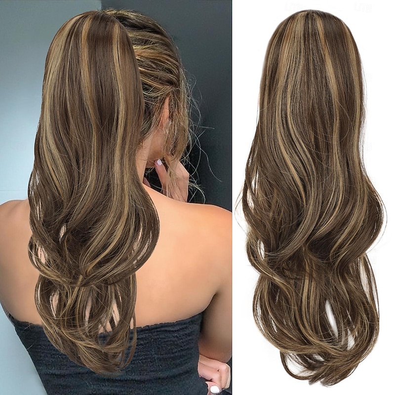 Ponytail Extensions Chocolate Brown with Highlights Long Drawstring Wavy Clip in Ponytail Hair Extensions Layered Synthetic Hairpiece for Women