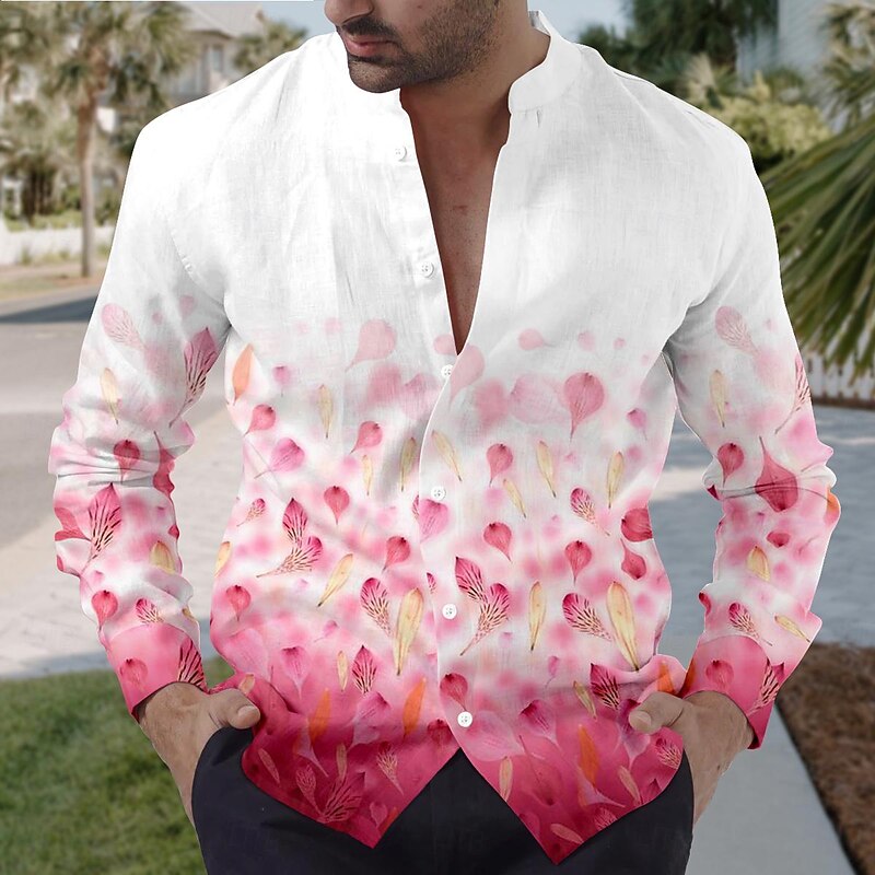 Men's Floral Shirt Button Up Shirt Long Sleeve Vintage Daily Wear Going out Weekend Summer Spring &  Fall Standing Collar Print Button-Down Light Pink Violet Orange Light Blue