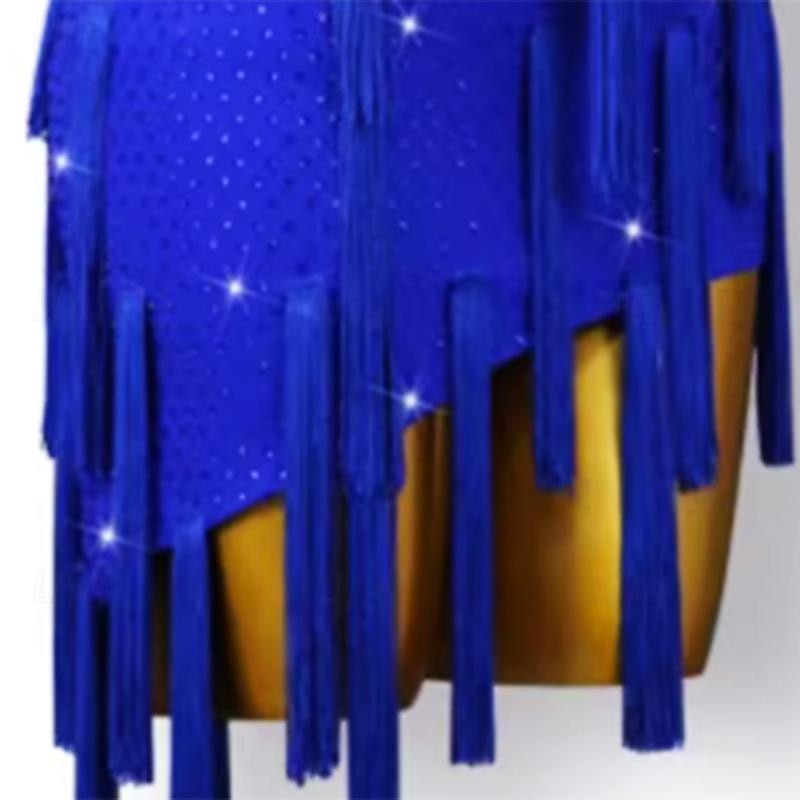 Latin Dance Dress Rhinestone Tassel Women's Performance Training Sleeveless High Spandex Tulle4