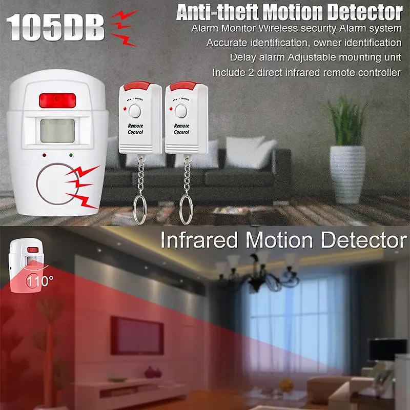 Smart Home Security KitWireless Infrared Security Alarm 105DB Alarm BatteryPoweredw/ 2 Remotes2