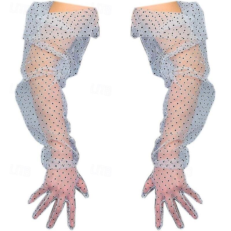 Women Long Wedding Gloves Polka Dot Mesh Semi Sheer Bridal Gloves Wedding Translucent Gloves