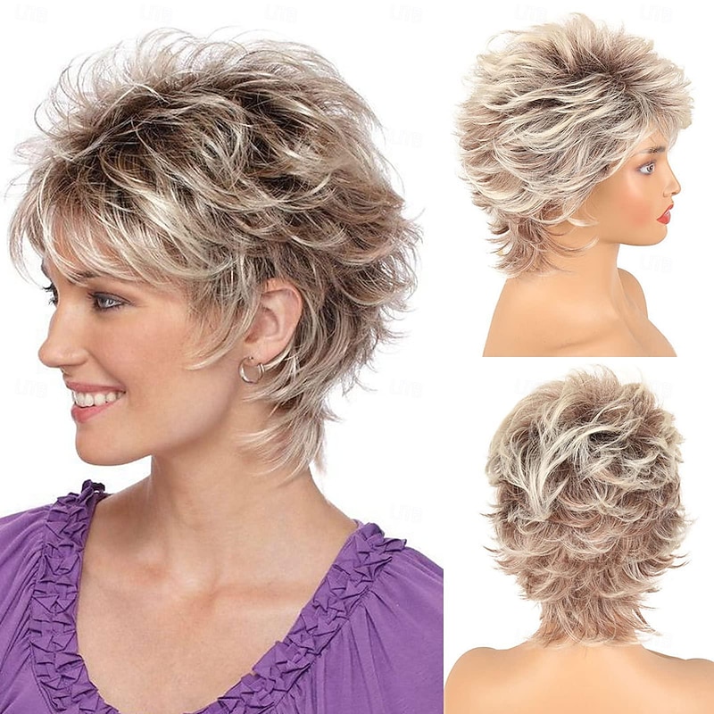 Short Blonde Pixie Cut Wigs with Bangs for White Women,Brown Ombre Blonde Wig Synthetic Wavy Curly Hair Wigs Mixed Brown Wigs Layered Natural Fluffy Heat Resistant