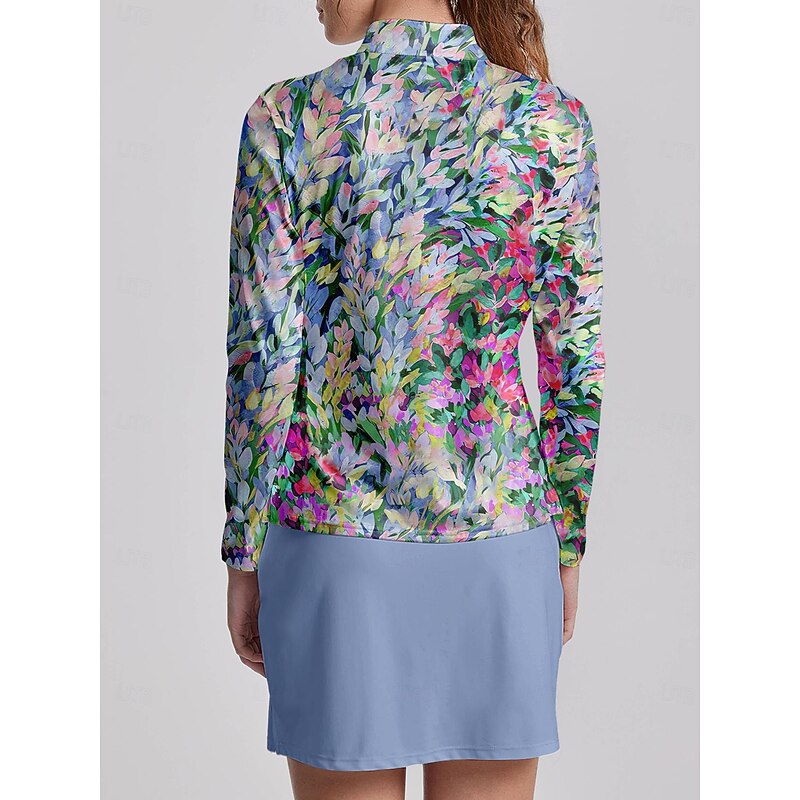 Women's Golf Polo Shirt Blue Long Sleeve Top Floral Ladies Golf Attire Clothes Outfits Wear Apparel2