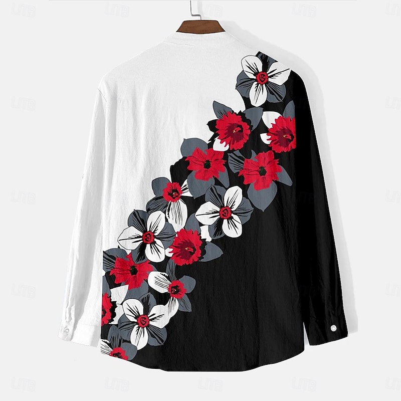 Men's Floral Shirt Button Up Shirt Long Sleeve Vintage Daily Wear Going out Weekend Summer Spring &  Fall Standing Collar Print Button-Down Rose+Black Violet Yellow Blue Orange2