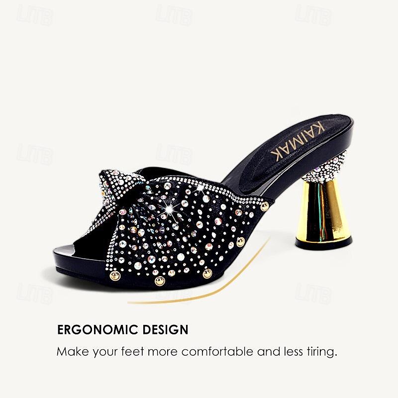 Women's Rhinestone Embellished Mules with Matching Clutch Bag – Elegant Black High Heel Shoes and Bow Detail for Weddings and Special Occasions 5